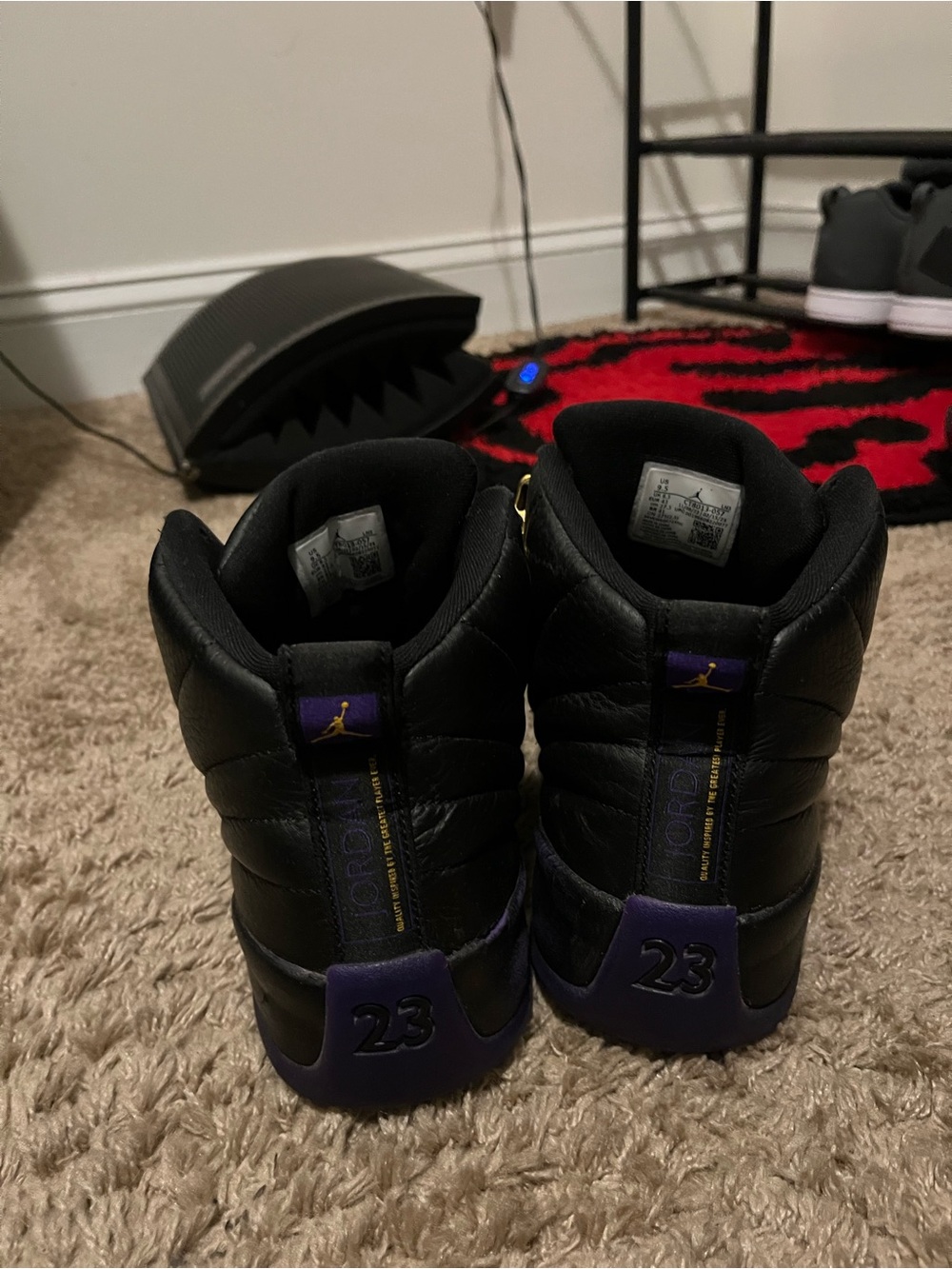 Jordan 12 Men' Black with Purple Accent High-Top Sneakers